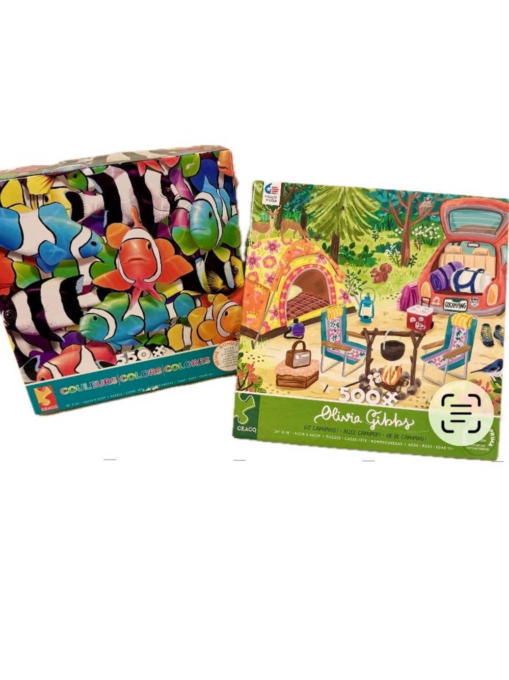 2 Ceaco Jigsaw Puzzles Bundle Colorful Clownfish (550 pc) & Go Camping (500 pc)